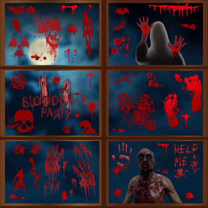 Set of 9 Halloween window stickers featuring bloody handprints, footprints, and splatters