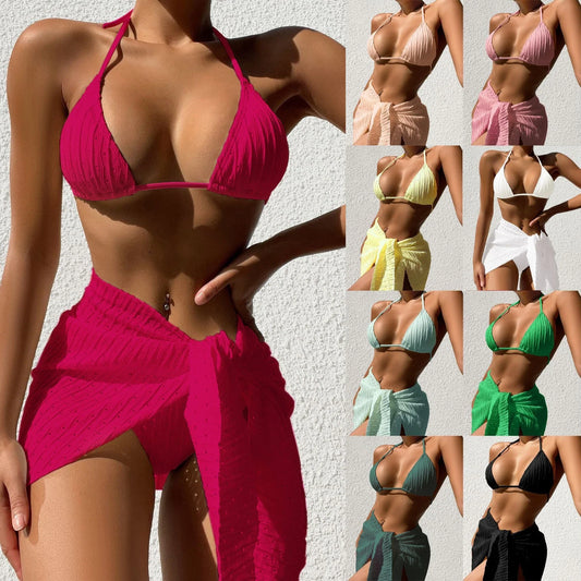 Stylish 3-piece halter swimsuit set in various vibrant colors with backless design and mesh skirt