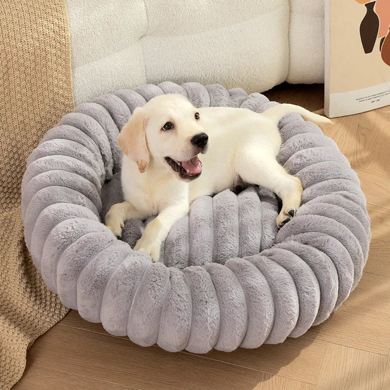 Plush round pet kennel for dogs, available in multiple colours and sizes for winter comfort