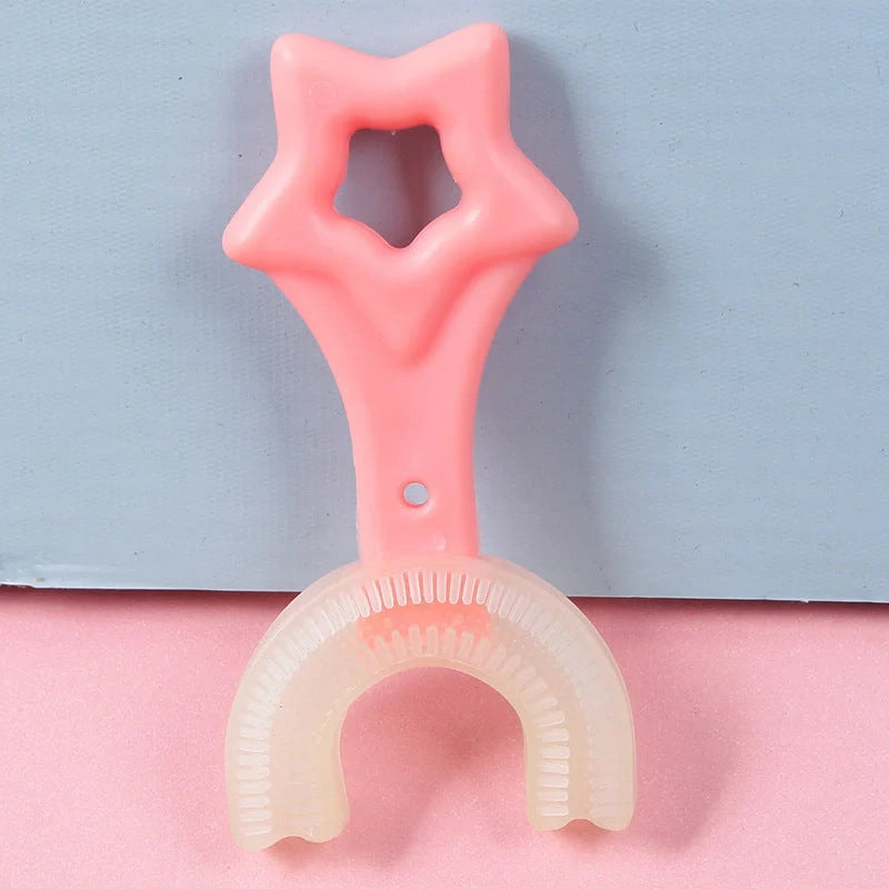 U-shaped baby toothbrush in yellow, pink, and blue, soft silicone for gentle oral care