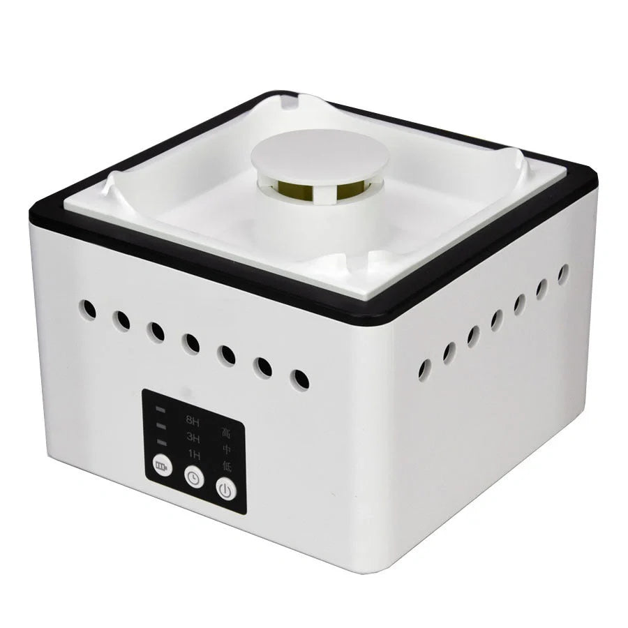Mini ashtray air purifier in ceramic white, black, and blue with negative ion technology