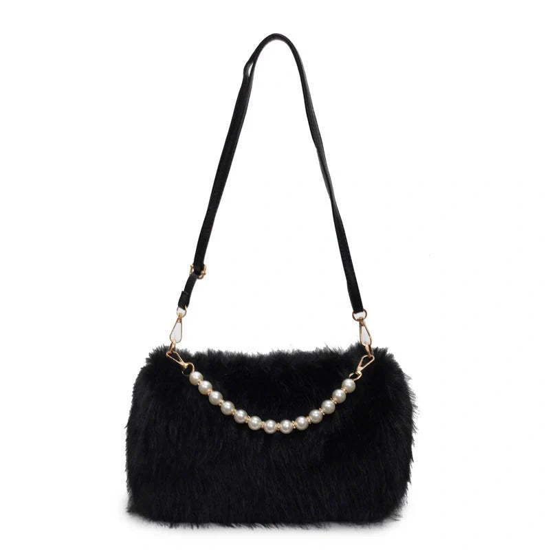 Plush pearl chain crossbody bag in various colours for autumn and winter fashion