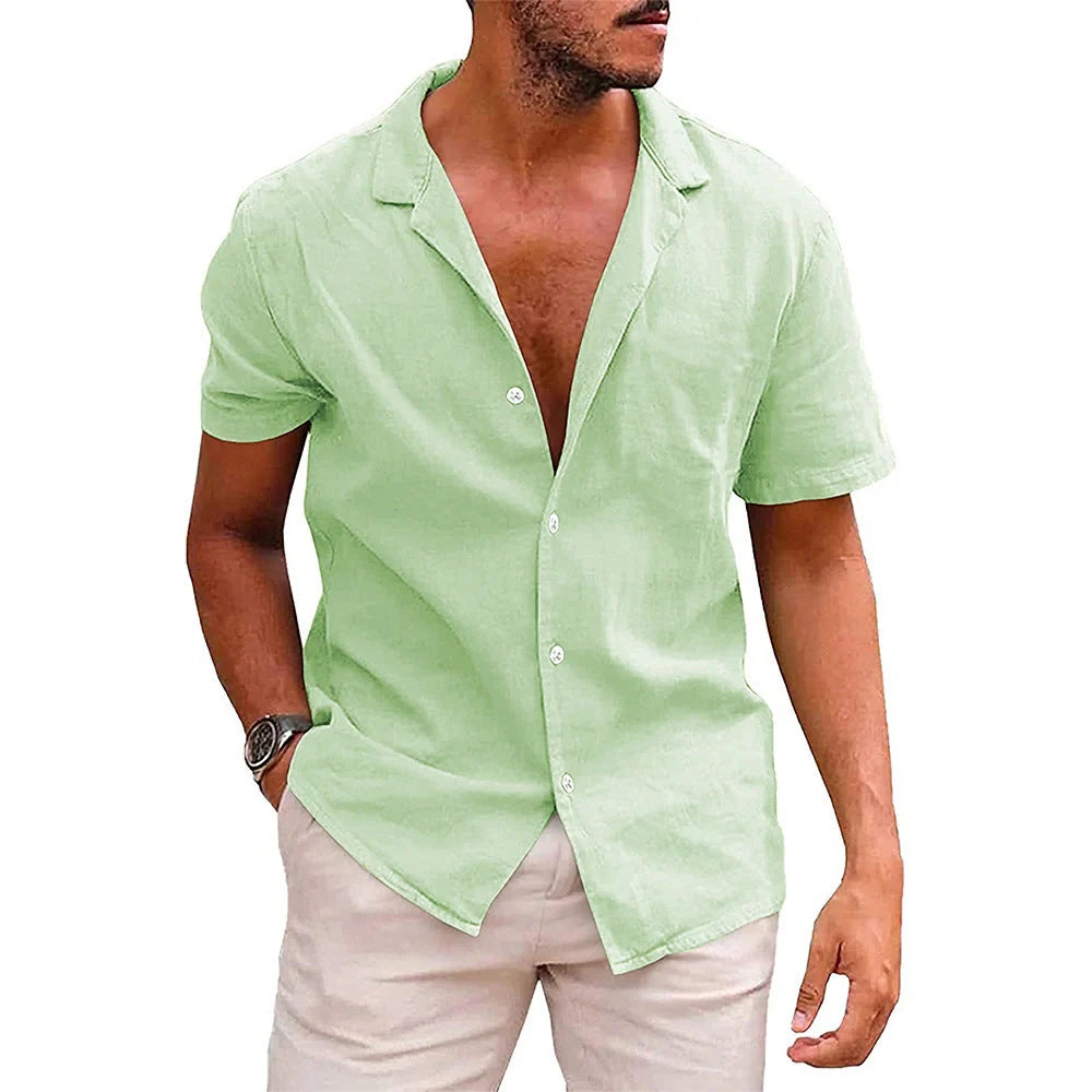 Men's casual linen-cotton blend short sleeve button-down shirt in various colours