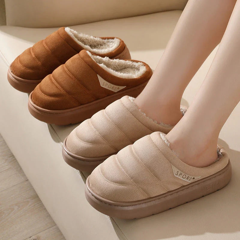 Cozy plush slippers with suede uppers, plush lining, and durable EVA soles for ultimate indoor comfort and warmth