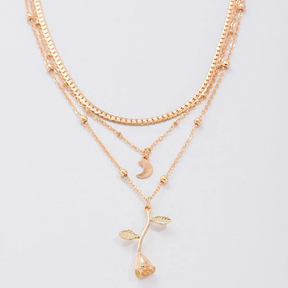 Bohemian multilayer gold pendant necklace with rose flower design for women