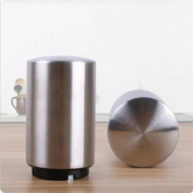 Portable magnetic automatic beer bottle opener in brushed stainless steel finish