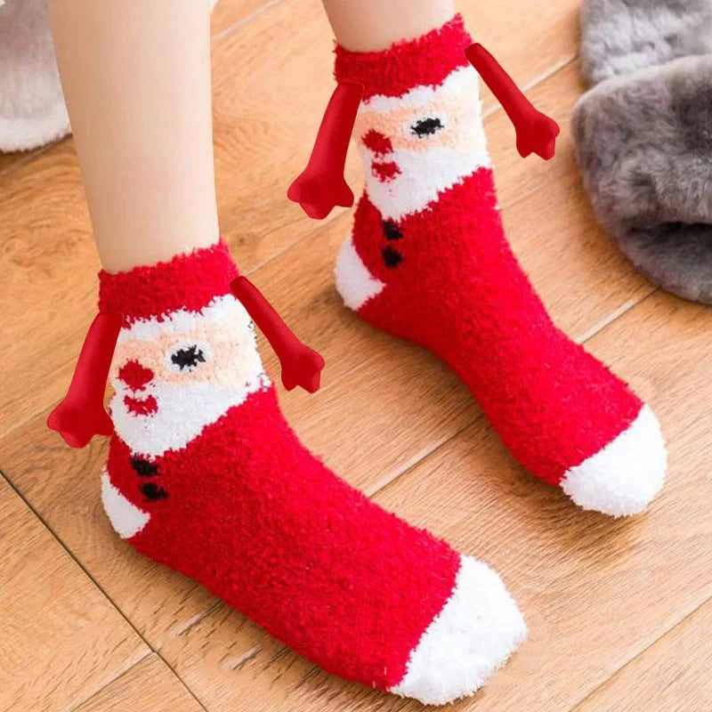 Christmas couple socks with magnetic suction feature for hand holding, festive 3D animal patterns