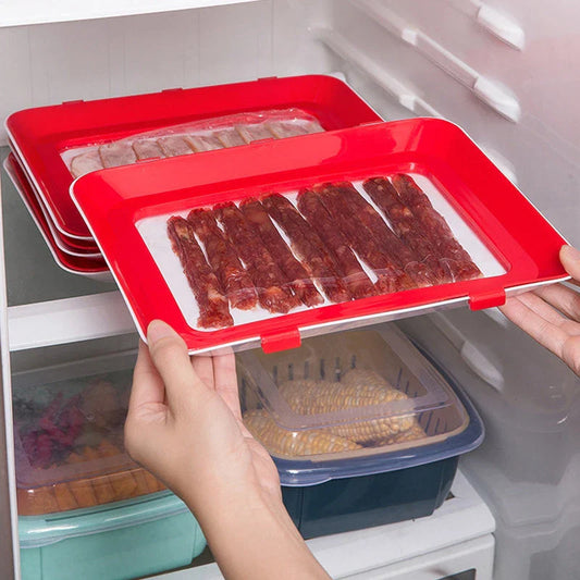 Premium food-preserving vacuum trays for fridge storage in black, green, red, and gold colours