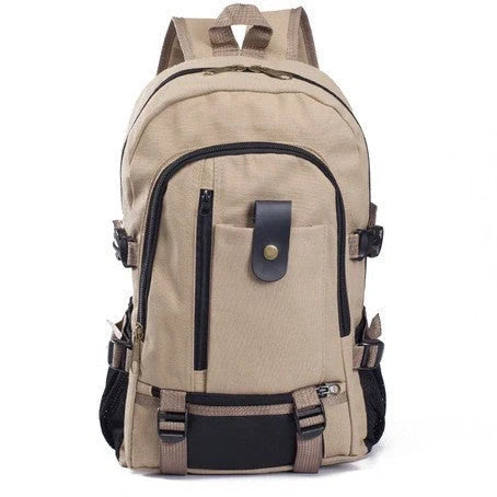 Men's canvas backpack with zippered opening, available in multiple colours including coffee, light khaki, and black.