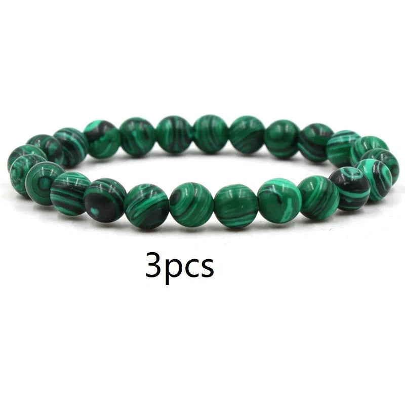 Classic black matte green malachite bracelets with elastic strand for unisex wear