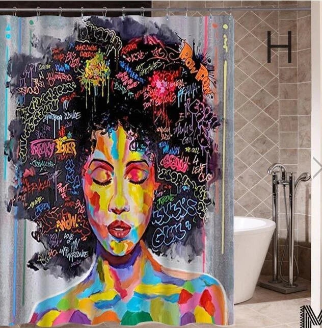 Vibrant African-inspired shower curtain with portrait of a beautiful African girl wearing earrings and bold hairstyle