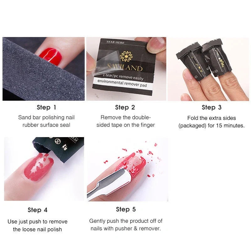 Nail polish remover wraps with self-contained cotton for quick and easy polish removal