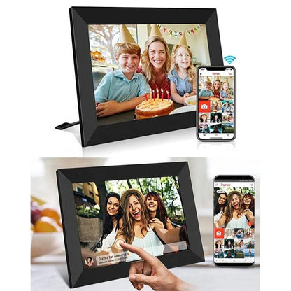 Smart WiFi digital photo frame with rotating display, high-resolution IPS-LCD screen, and seamless photo sharing capabilities
