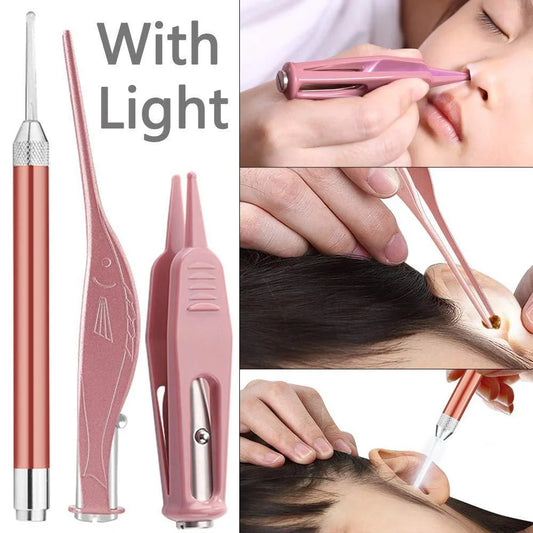 LED Light Ear Wax Removal Tool with magnifying glass and soft spoon head in blue, rose gold, and pink