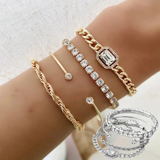 A set of four elegant crystal bracelets with vintage-inspired twisted cuff chains and sparkling rhinestones, perfect for adding a touch of luxury to any outfit.