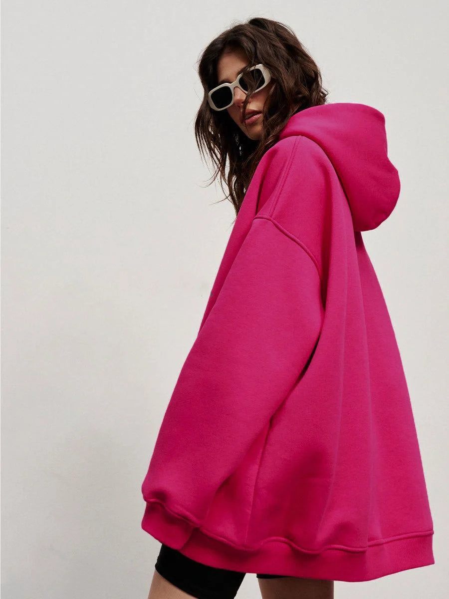 Cosy, oversized boyfriend-style polar fleece hooded jumper in a variety of classic colours