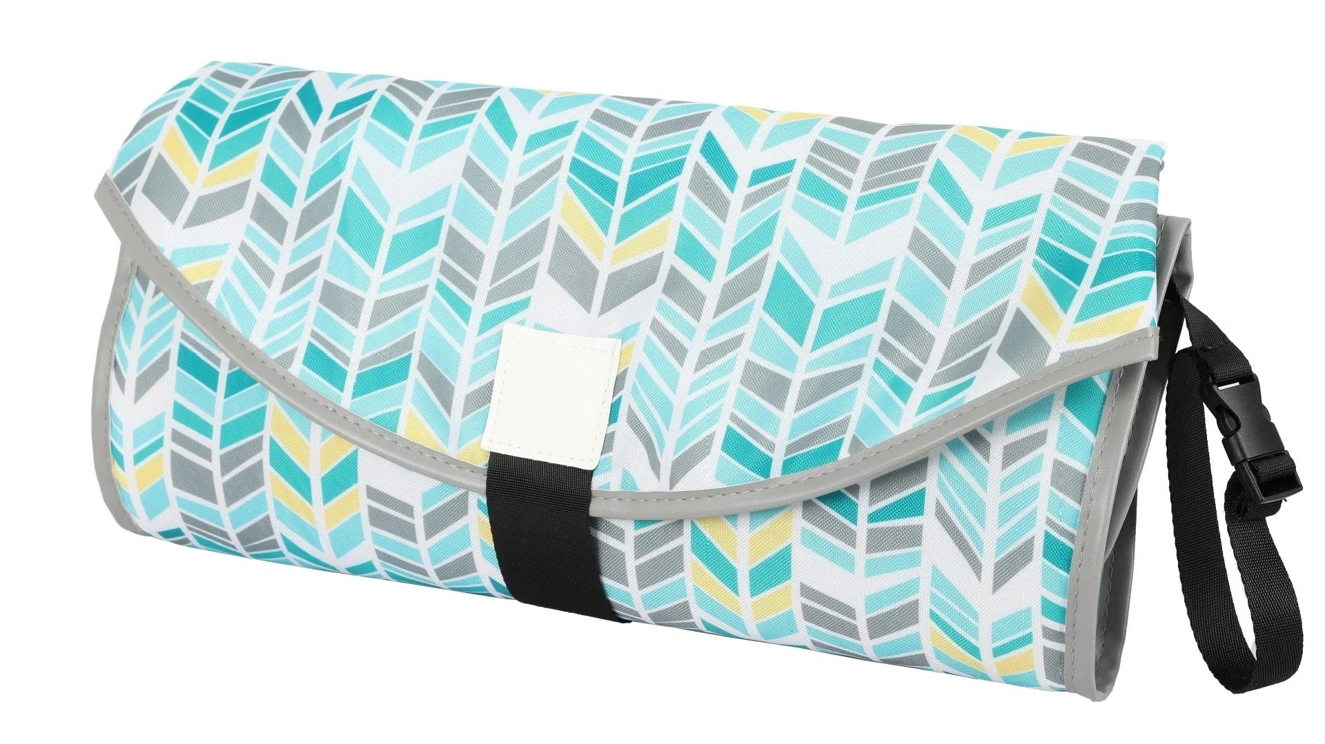 Portable diaper changing pad clutch with built-in toy ring, foldable design for easy transport