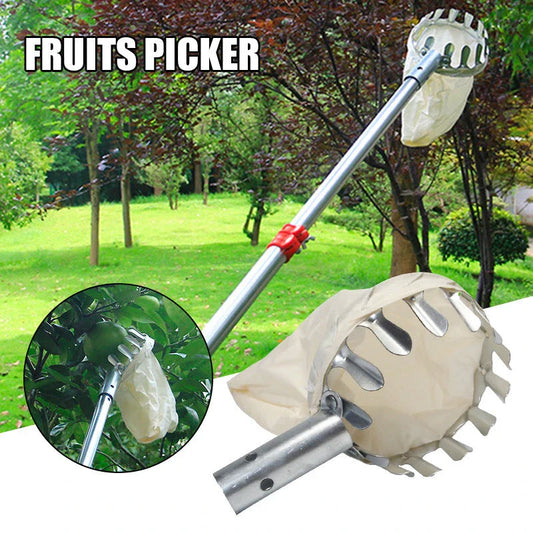 Sturdy, high-reach fruit picking tool with adjustable pole and gentle teeth for effortless, damage-free harvesting