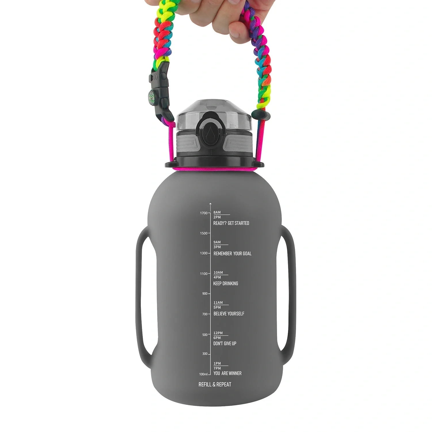 Collapsible silicone water bottle in black, green, and pink with leak-proof cap
