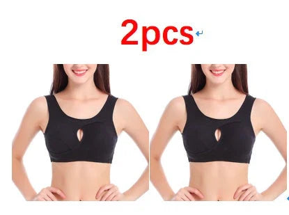 Supportive cotton sports bra with crossover design for lift and support, preventing sagging and bra lines