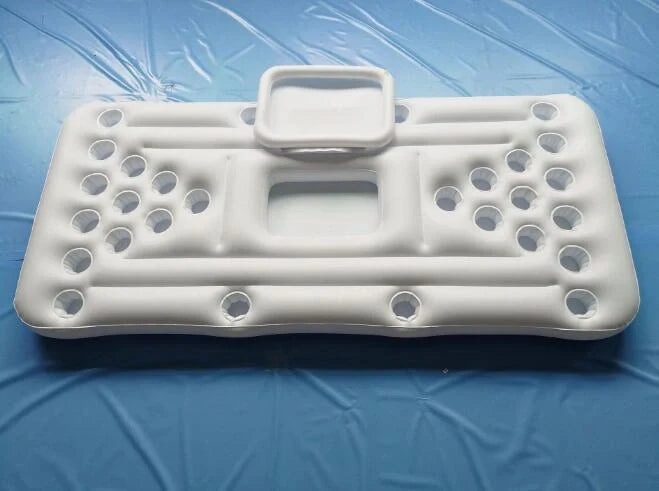 Inflatable beer pong table with built-in cooler floating in pool