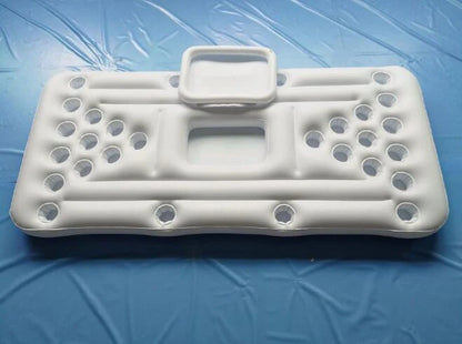 Inflatable beer pong table with built-in cooler floating in pool