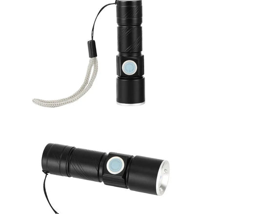 Compact, waterproof and rechargeable LED torch with USB charging, made from durable aluminium alloy for outdoor and emergency use