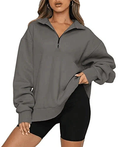 Women's zip turndown collar loose casual sweatshirt in various colours