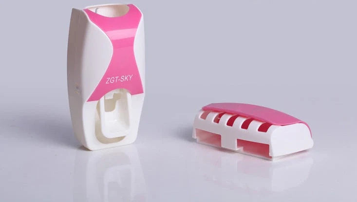 Dust-proof automatic toothpaste squeezer and toothbrush holder set in black, blue, or red