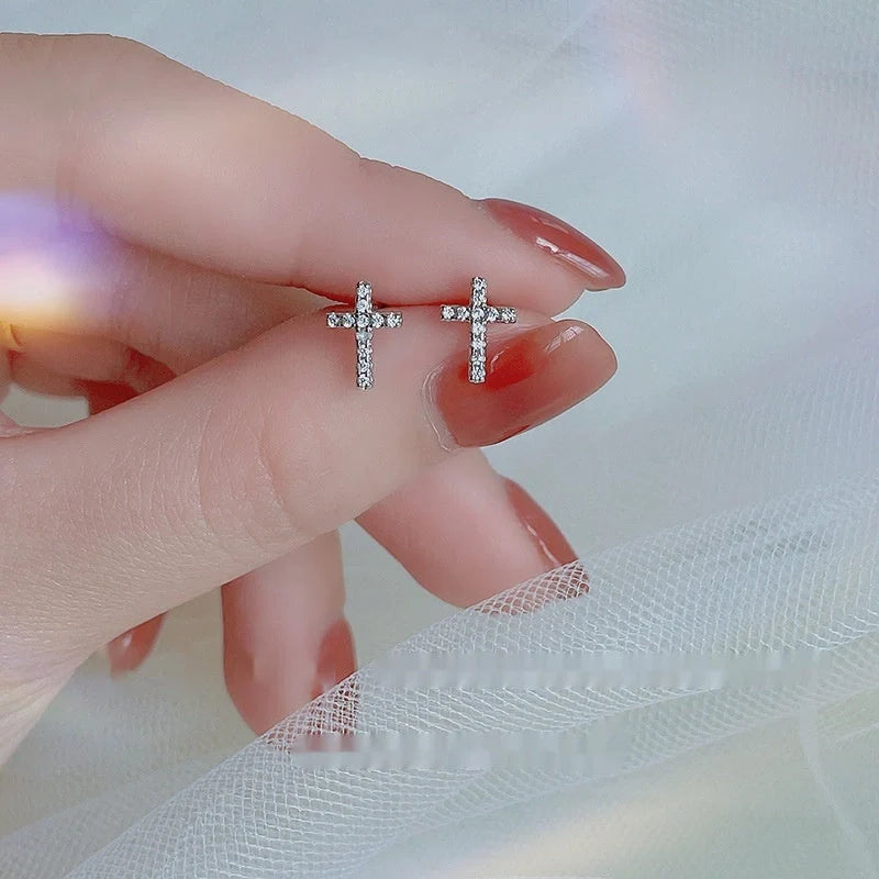 Stainless steel cross earrings with zircon inlay in white gold and gold colours