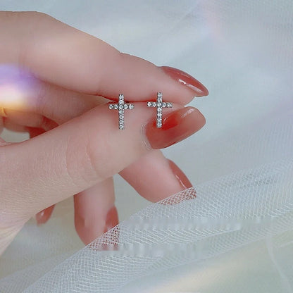 Stainless steel cross earrings with zircon inlay in white gold and gold colours