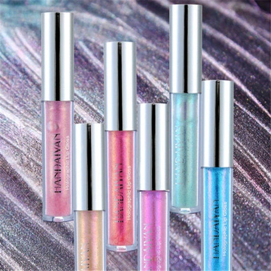 Polarized lip gloss in six vibrant shades, showcasing high-shine finish and vitamin E enrichment
