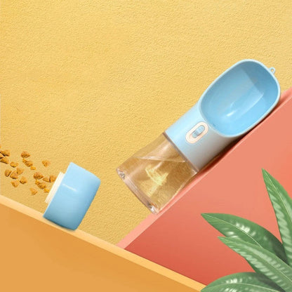 Portable pet water bottle and food bowl made of durable plastic, available in multiple colors for outdoor adventures with your furry friend.