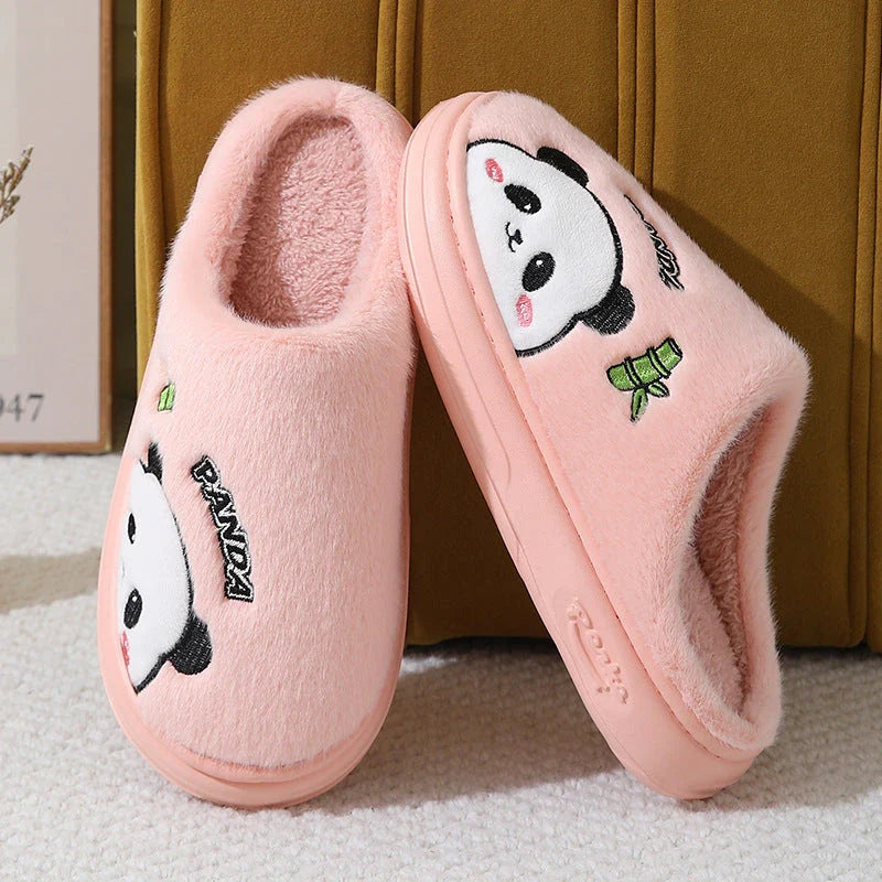Cozy cartoon panda slippers with plush lining and anti-slip soles for comfortable indoor wear