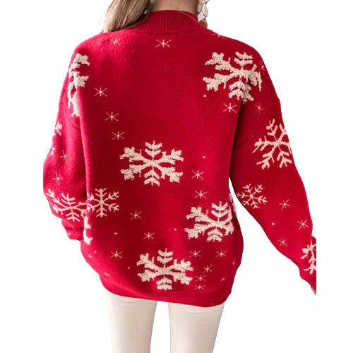 Women's festive Christmas snowflake print knitted sweater in red, green, and grey