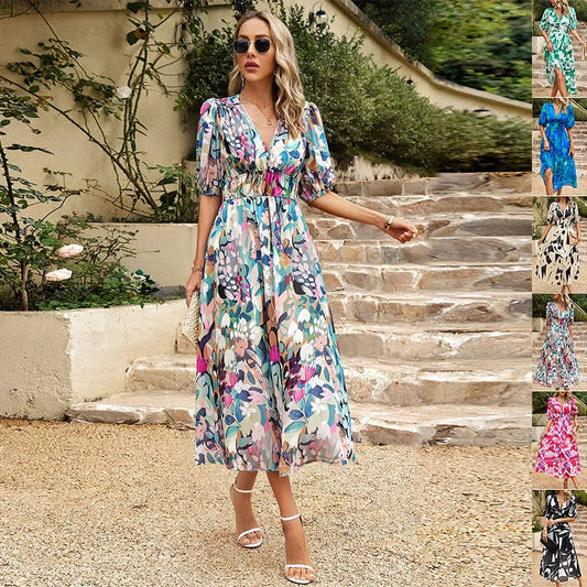 Stylish V-neck printed summer beach dress for women in various colours