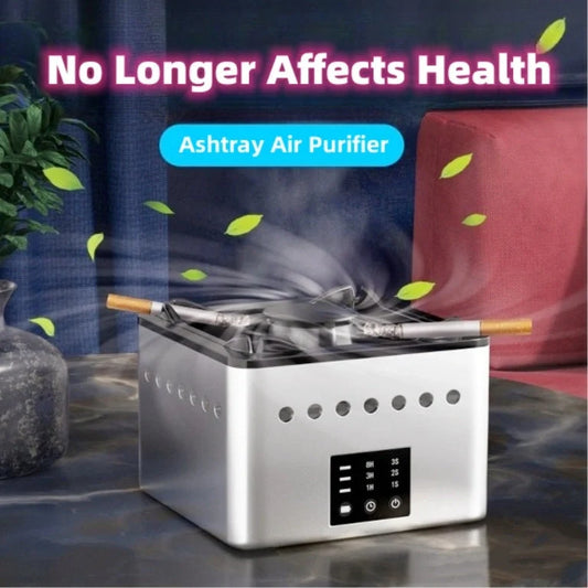 Mini ashtray air purifier in ceramic white, black, and blue with negative ion technology