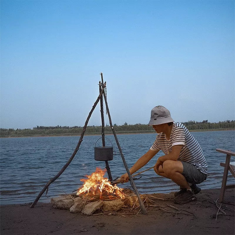 Stainless steel triangle hanging pot support for outdoor camping with adjustable chain