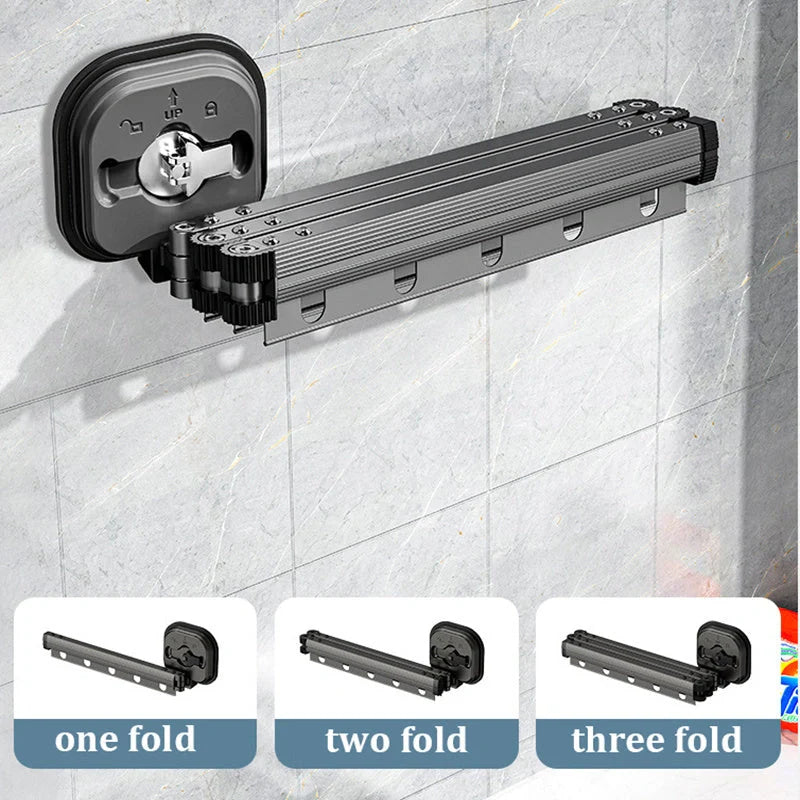 Aluminium suction cup folding clothes hanger with retractable drying rack for space-saving laundry drying