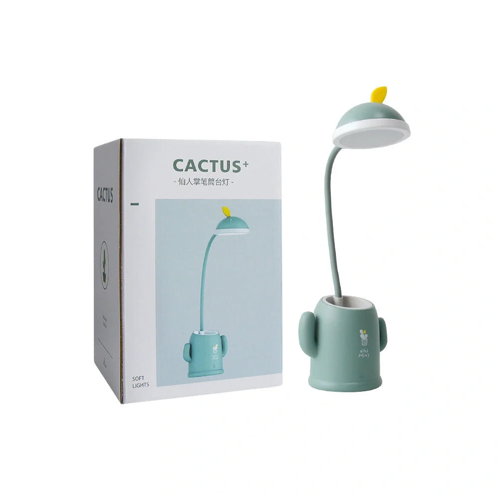 Cactus-shaped table lamp with pen holder and USB charging feature