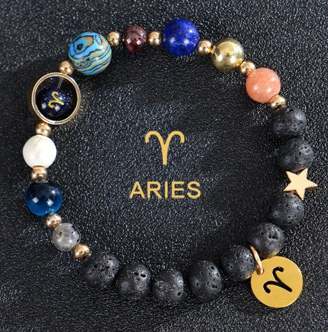 Frosted Stone Beaded Zodiac Bracelet featuring detailed zodiac signs on natural stone beads
