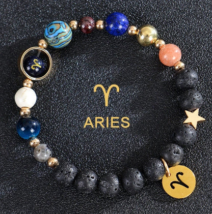 Frosted Stone Beaded Zodiac Bracelet featuring detailed zodiac signs on natural stone beads