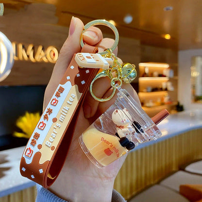 Women's pearl milk tea bear design keychain in alloy and acrylic