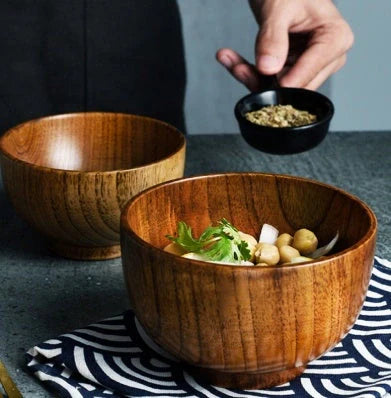 Handmade Japanese style wooden bowls in three sizes for rice, soup, and salad
