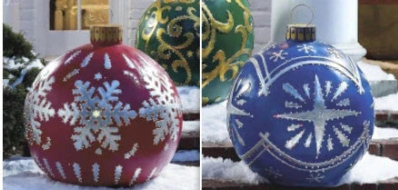 Inflatable Christmas baubles in various festive designs for outdoor holiday decoration