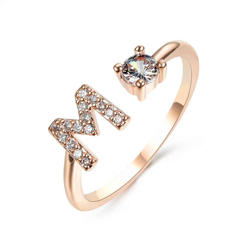 Customizable adjustable ring with 26 letters for women, featuring zircon stones and copper alloy construction