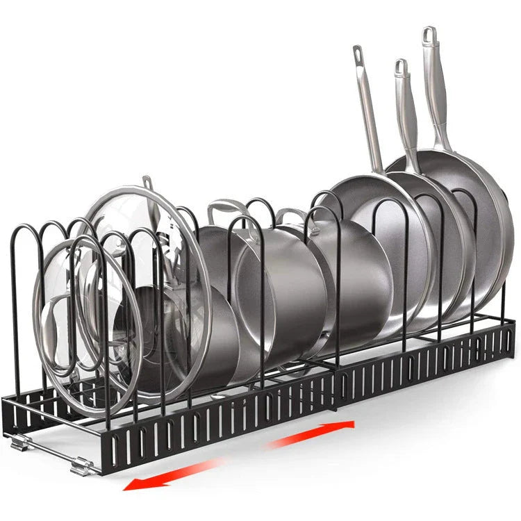 Sturdy 8-tier kitchen organiser shelf in black, featuring adjustable shelves for pots, pans, and tableware storage