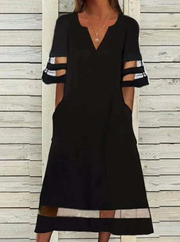 Women's summer chiffon dress with V-neck and mesh stitching in white and black