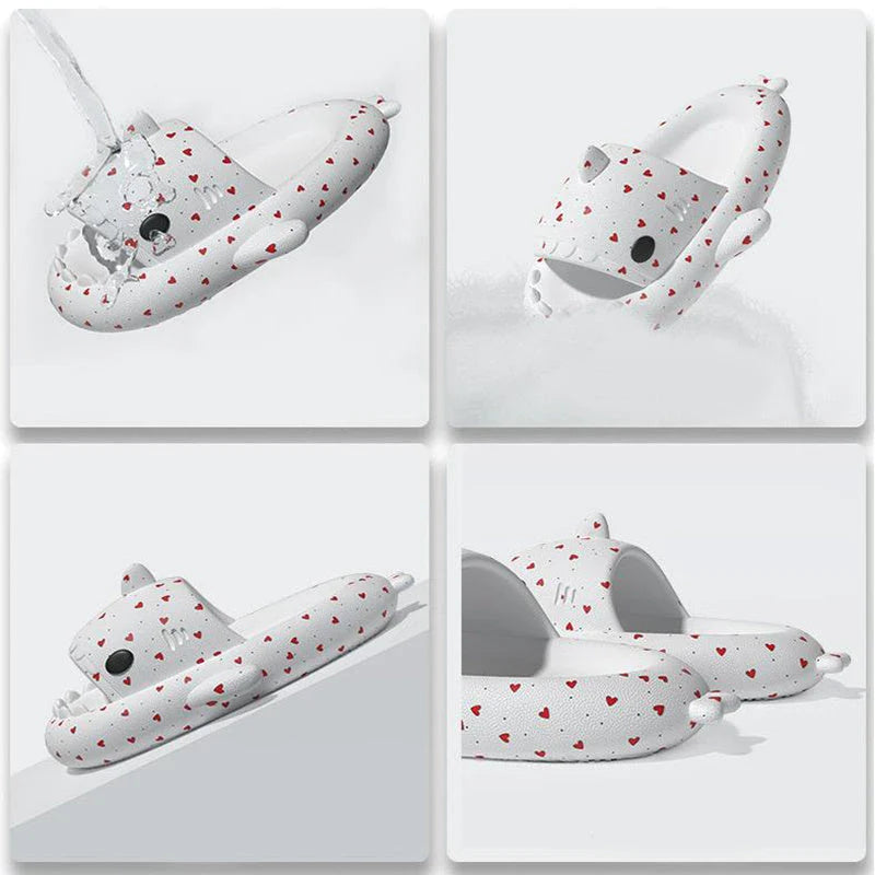 Cute shark-themed slippers with heart print design in various vibrant colors