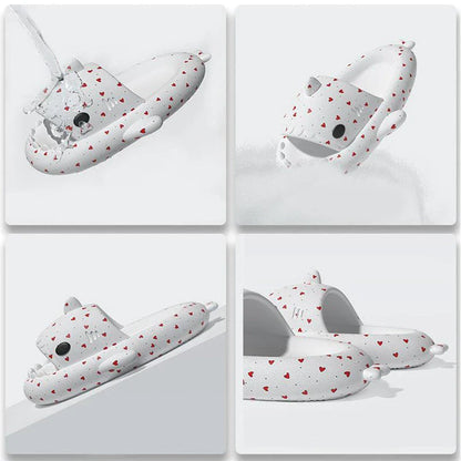 Cute shark-themed slippers with heart print design in various vibrant colors